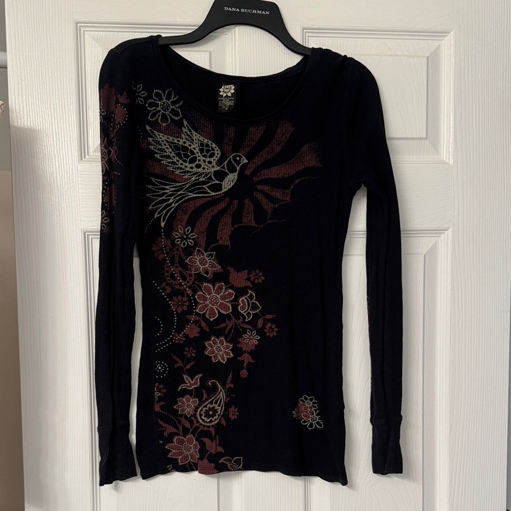 Lucky Brand Black and Red Floral Graphic Long Sleeve Top